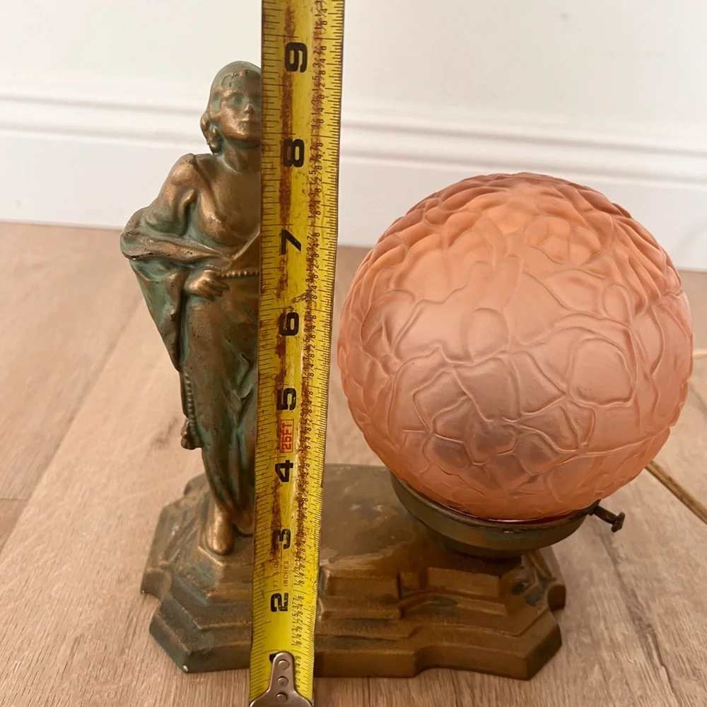 Antique C1920 Art Deco Brass Table Lamp, Women & Textured Pink Glass Globe Shade